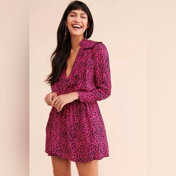 ZADIG & VOLTAIRE Reveal Leopard Print 3/4 Sleeve Mini Dress Fuchsia - Picture 1 of 9